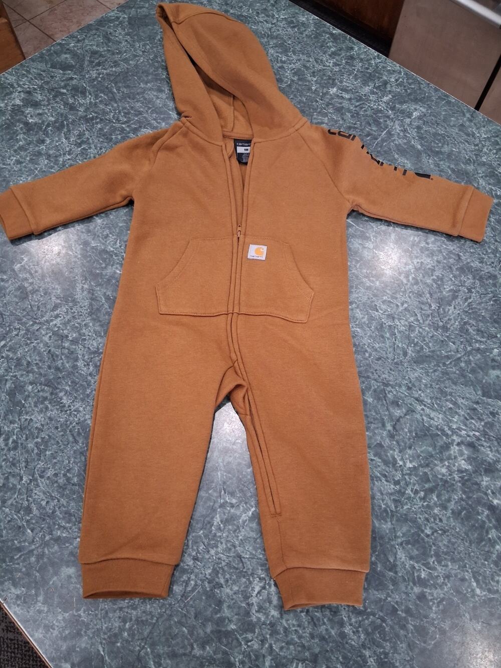 Carhartt Child 9M Coveralls Zip Hooded Jumpsuit Pockets Fleece Duck Brown NWOT